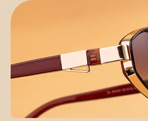 Macro detail of wine red temple with golden hinge and logo engraving on sunglasses