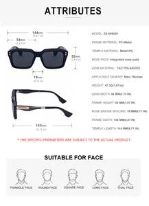 Detailed technical chart of polarized square sunglasses with frame dimensions and specs
