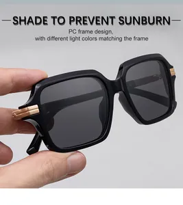 Détail de lunettes de soleil carrées avec monture PC noire et charnières dorées