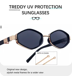 Close-up of hexagonal UV protection sunglasses with decorative gold metal chain link