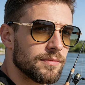 Detail of polarized square aviator sunglasses with gold metal hinges on a male model