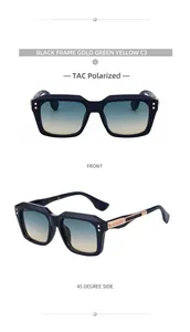 Detail view of black square sunglasses featuring gold metal trim and TAC polarized lenses