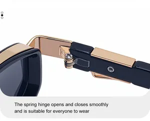 Detailed macro view of the durable golden spring hinge on stylish polygon sunglasses