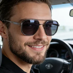 Men's polarized square pilot sunglasses featuring a gunmetal frame and double bridge design