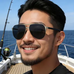 Classic silver aviator sunglasses for men being worn outdoors on a sunny yacht background