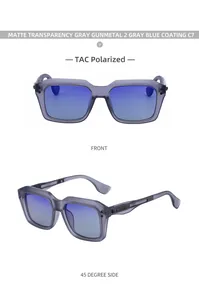 Macro detail of TAC polarized square gray lenses with gray blue coating on matte frames