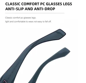 Detail of ergonomic translucent dark blue glasses temples with model size printing