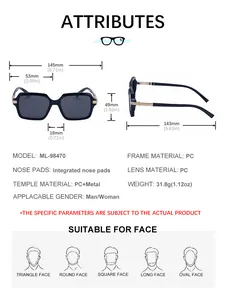 Tableau détaillé des tailles de lunettes de soleil carrées avec dimensions PC et métal