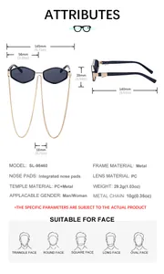 Detailed size chart and specifications for polygon sunglasses with metal gold chain