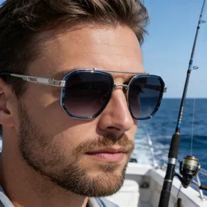 Detail of square polarized sunglasses with blue frames and silver double bridge on a yacht