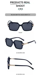 Trois vues de lunettes de soleil carrées noir mat avec des branches en métal doré