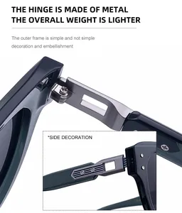 Detail of durable metal hinge and decorative hollowed-out side bars on cat-eye sunglasses
