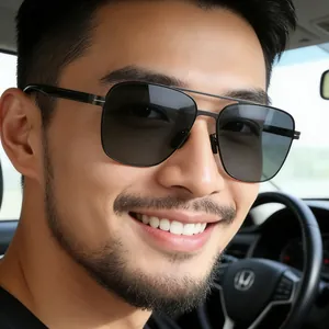 Close-up of polarized square sunglasses with double-bridge metal frame for male drivers