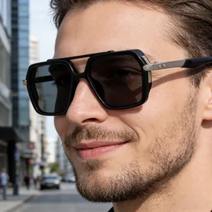Close-up of men's square sunglasses with black frame and silver metal temple detail