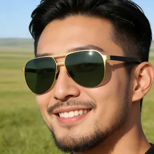 Classic gold pilot sunglasses with dark lenses worn by a model in outdoor daylight