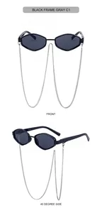 Detailed front and side view of black hexagonal sunglasses with silver detachable chain