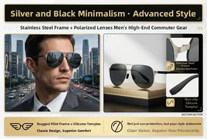 Detail of stainless steel pilot sunglasses with polarized lenses and anti-slip temple