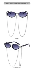 Front and side view of polygon sunglasses with silver chain and gradient gray lenses