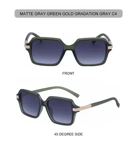 Vues de face et de profil à 45 degrés de lunettes de soleil carrées vert gris mat et or