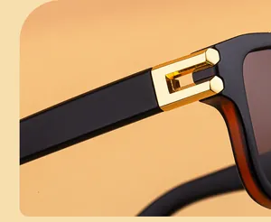 Detalle de bisagra de gafas con decoración metálica dorada y textura ámbar translúcida