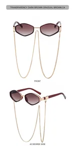 Close-up of polygon sunglasses with golden chains in transparency dark brown