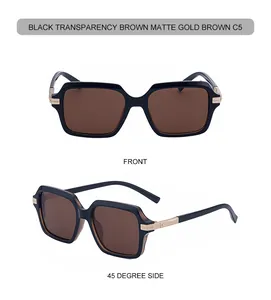Détail de lunettes de soleil carrées avec accents métalliques dorés mats et verres bruns