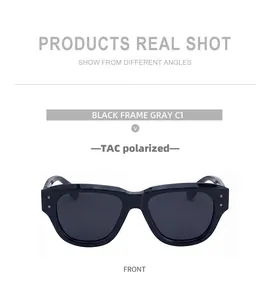 Front view of black square frame polarized sunglasses with gray lenses for men