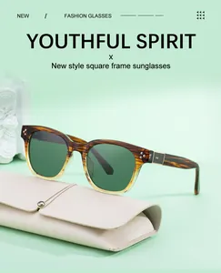Close-up of square tortoise frame sunglasses with dark green lenses and a folding case