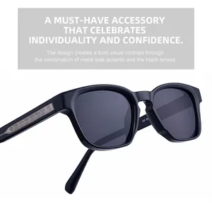 Detail view of black square sunglasses featuring intricate metal side accents on temples
