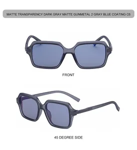 Vue de face et de côté de lunettes de soleil carrées avec monture gris mat et verres bleus