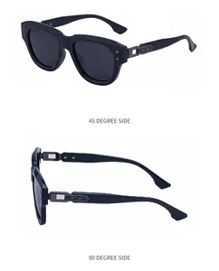 Detailed side views of cat-eye polarized sunglasses featuring textured metal hinge accents