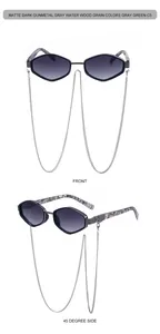 Detail of matte dark gunmetal polygon sunglasses with water wood grain temples and chain