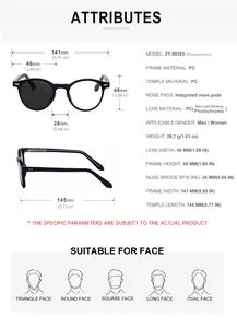 Detailed size chart for round photochromic and blue light blocking glasses Model ZT-99303