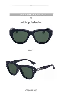 Detail of polarized cat-eye sunglasses with thick black frames and G15 green lenses