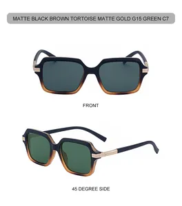 Vues détaillées de face et de profil de lunettes de soleil carrées noir mat et écaille