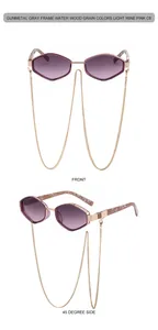 Detail view of C6 polygon sunglasses with purple gradient lenses and gold metal chain