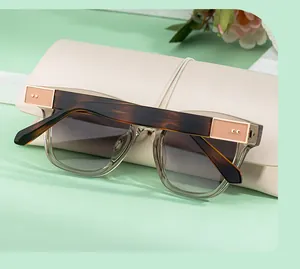 Detail view of tortoiseshell sunglasses with gold metal accents on sage green background