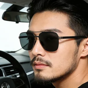 Polarized square sunglasses for men with stainless steel temples in driving scene