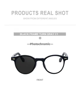 Detail of photochromic round glasses showing the lens transition from clear to dark gray