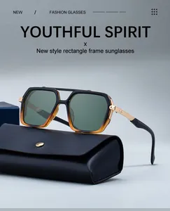 Macro detail of square gradient sunglasses with double bridge and leather case