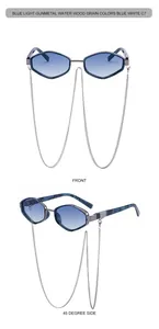 Detailed views of polygon sunglasses with gunmetal frame and blue water wood grain temples