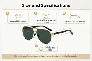 Detailed size specifications for aviator sunglasses with 63mm lenses and 30g weight
