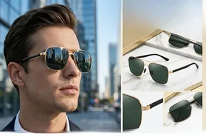 Detail of square polarized sunglasses featuring stainless steel frames and golden accents