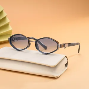 Chic hexagonal marble-patterned sunglasses with gradient grey lenses and protective hard case
