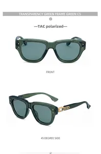 Detailed view of transparency green polarized sunglasses with gold metal decoration