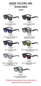 Detalle de nueve opciones de color y bisagras metálicas para gafas de sol cuadradas