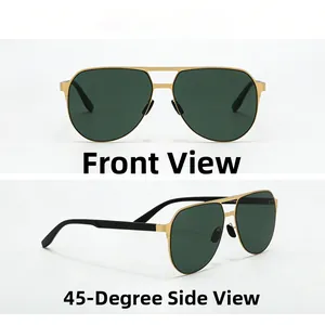 Classic gold metal aviator sunglasses with polarized lenses shown from front and side views