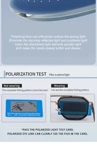 Close-up of polarized lens showing glare reduction technology and polarization test card