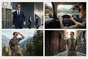Square polarized sunglasses for men shown in driving and outdoor lifestyle scenarios