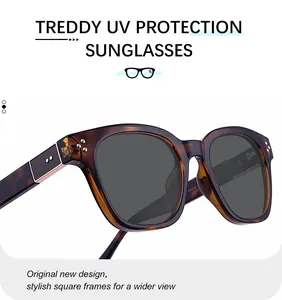 Detail view of square tortoiseshell sunglasses featuring metallic rivets and grey lenses